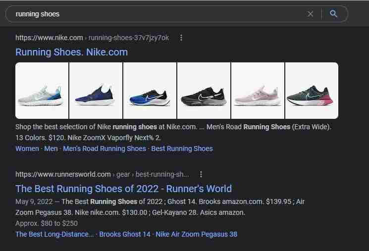 search results for the term "running shoes" on Google