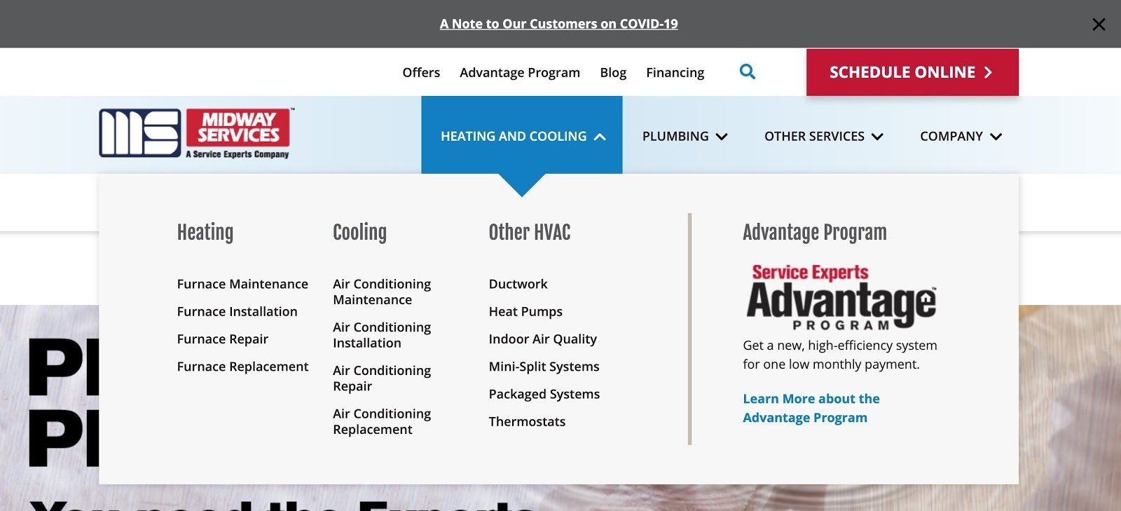 An example of an HVAC company's homepage. 