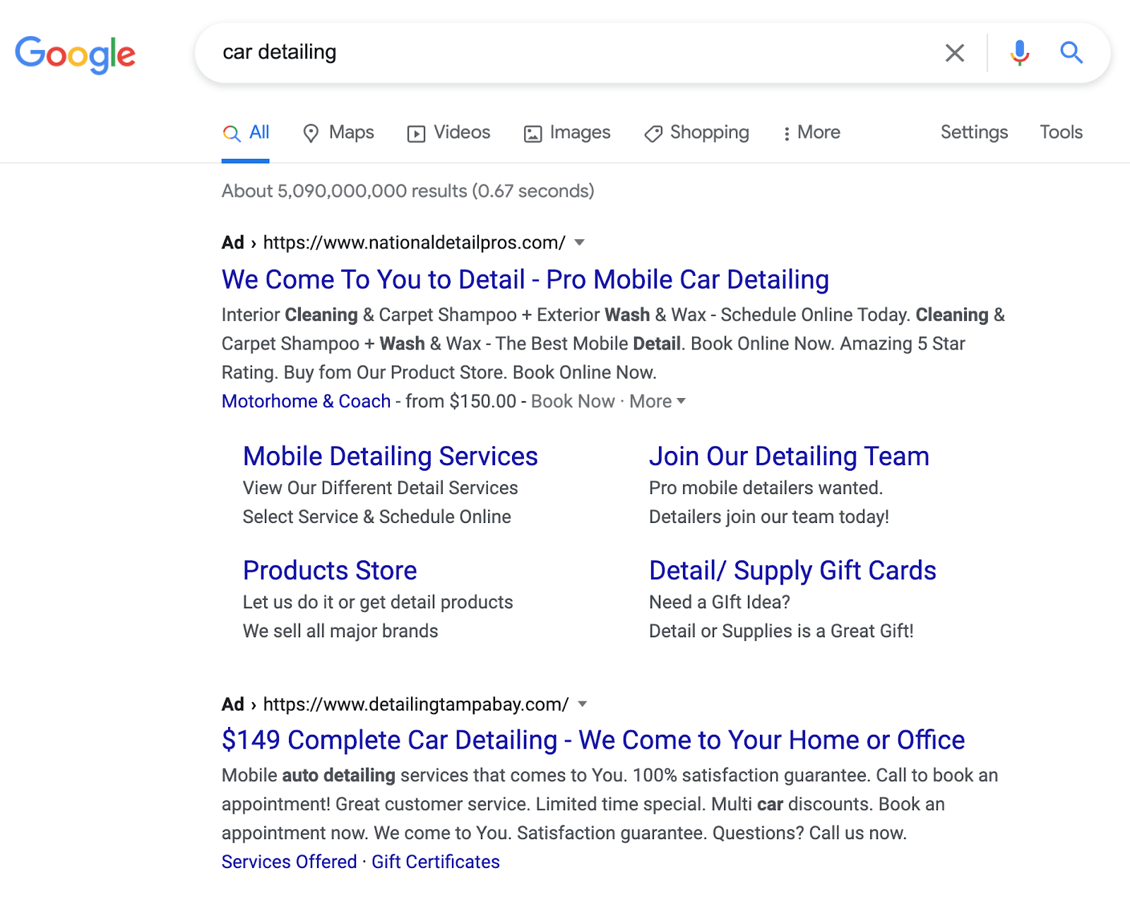 An example of a Google Ad for a car detailing company.