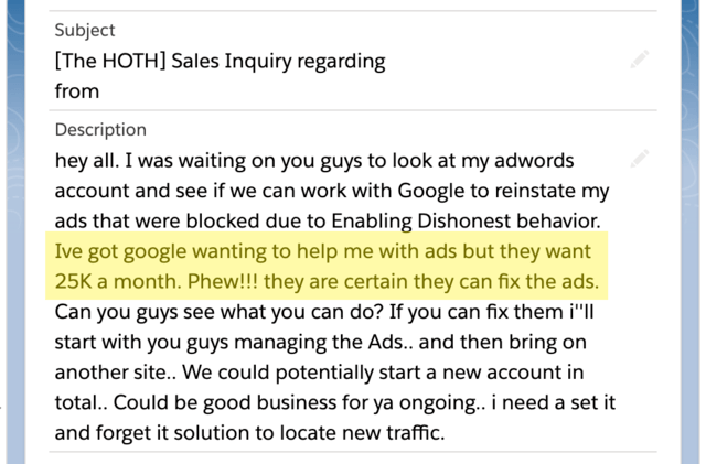 The client email asking for our help with disapproved ads. 