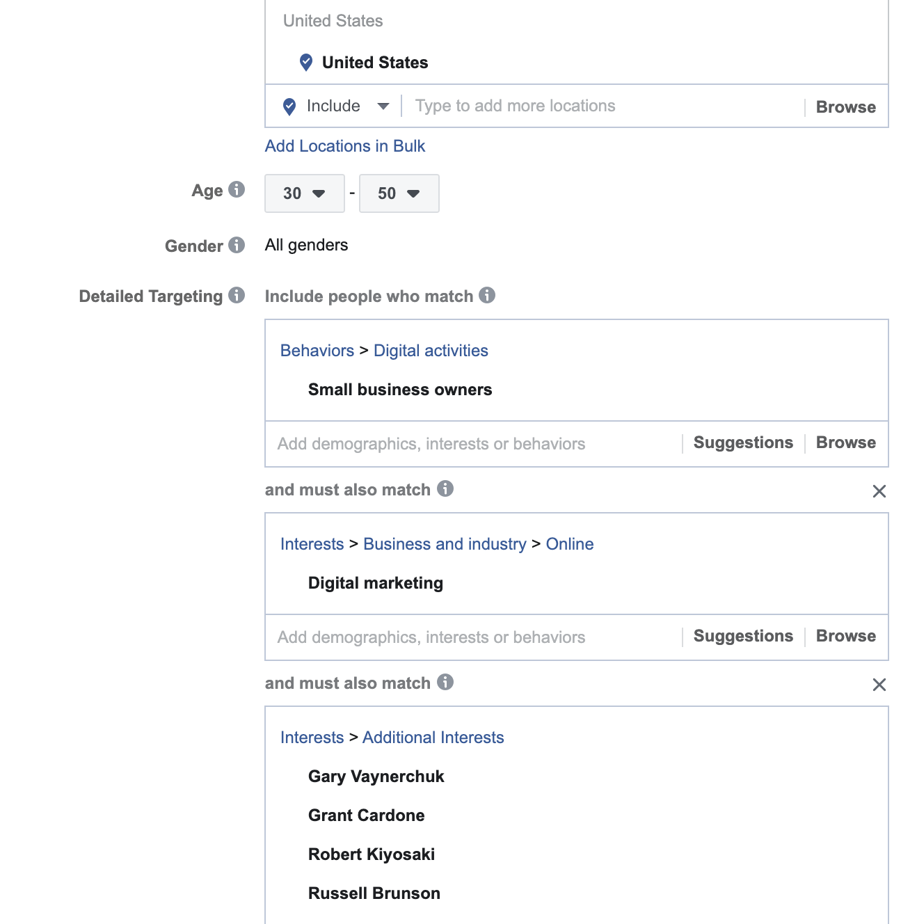 Advanced audience information in the Facebook Ads Manager.