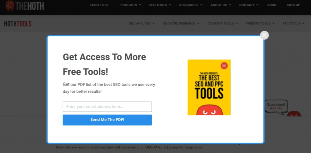 A second example of a pop-up used by The HOTH. This one asks a visitor to submit their email address to receive an SEO tips guide. 