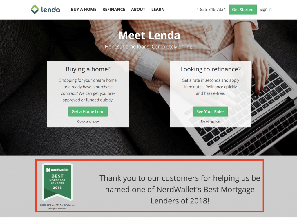 lenda homepage with nerdwallet badge