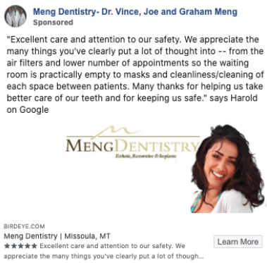 A dentist office that didn't use a CTA in their Facebook ad. 