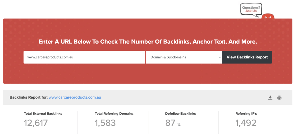 Screenshot of the Hoth Backlink checker report