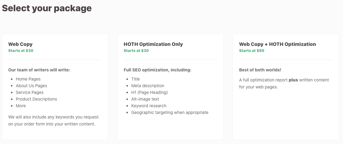 HOTH Web Copy Package Selection 